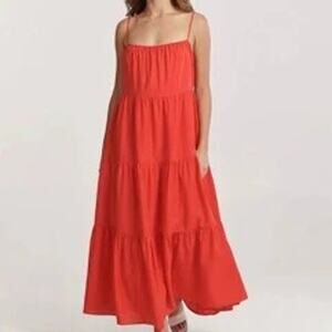 Charlie Holiday Women Boho Linen Maxi Dress Jenna Voluminous Tiered Ruffle Red 6